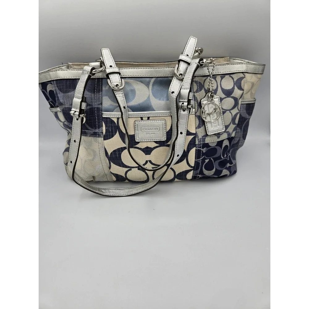 Coach Patchwork Signature Canvas Tote Bag/Purse Blue Cream Silver Buckle Straps - Picture 1 of 16